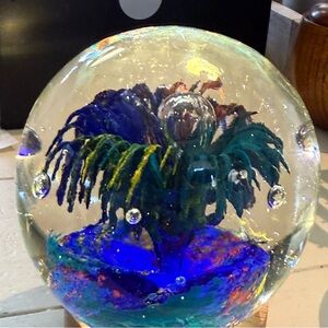 Hand blown Art Glass Globe with bubbles Paperweight 3.5”